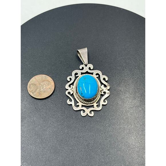 Signed Sterling Silver Blue Turquoise Scroll Filigree pendant TV-75 Mex 925 - Picture 2 of 8